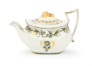 WEDGWOOD antique English pottery teapot, 19th century, stamped "WEDGWOOD", bearing label "Richard Dennis, Wedgwood Exhibition, 1982", 13cm high, 20cm wide