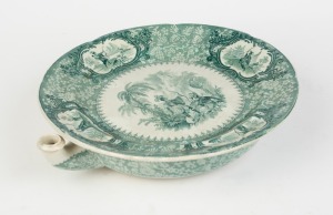 "PERUVIAN HUNTERS" antique English transfer porcelain warming plate, circa 1850, pictorial backstamp "PERUVIAN HUNTERS, I. G. No. 9", 6cm high, 30cm wide