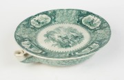 "PERUVIAN HUNTERS" antique English transfer porcelain warming plate, circa 1850, pictorial backstamp "PERUVIAN HUNTERS, I. G. No. 9", 6cm high, 30cm wide