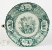 "PERUVIAN HUNTERS" antique English transfer porcelain warming plate, circa 1850, pictorial backstamp "PERUVIAN HUNTERS, I. G. No. 9", 6cm high, 30cm wide - 3