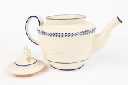 An antique English sprigged pottery teapot with figural finial and blue trim, circa 1790, 17.5cm high, 26.5cm wide - 2