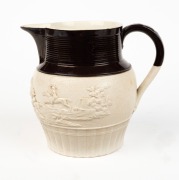 T. & J. HOLLINS antique English pottery jug with sprigged hunting scene decoration and brown trim, circa 1830, impressed mark to base, 13.5cm high