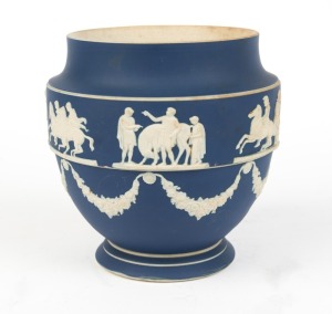 ADAMS antique English blue Jasper Ware pottery jardiniere, 19th century, stamped "ADAMS, Tunstall, England", 14.5cm high