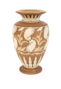 ROYAL DOULTON cream and brown stoneware vase with blue highlights, 19th/20th century, impressed "Royal Doulton England" with artist's details, 23cm high