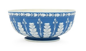 WEDGWOOD antique English blue Jasper Ware pottery bowl with acanthus and bellflower relief, circa 1850, impressed "WEDGWOOD", 7cm high, 17cm diameter