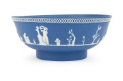 ADAMS (attributed) antique English blue Jasper Ware pottery bowl with classical frieze, early 19th century, 8cm high, 19cm diameter