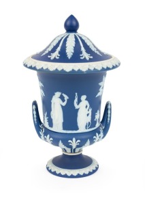 WEDGWOOD antique English blue Jasper Ware pottery two handled lidded urn, 19th century, impressed "WEDGWOOD, ENGLAND", 18cm high
