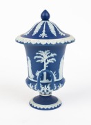 WEDGWOOD antique English blue Jasper Ware pottery two handled lidded urn, 19th century, impressed "WEDGWOOD, ENGLAND", 18cm high - 2