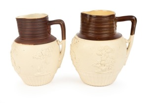 TURNER graduated pair of antique English pottery jugs with hunting scene decoration, circa 1810, both impressed "Turner", 16cm and 15cm high