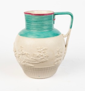 NEALE & CO. antique English pottery harvest jug with green and pink top, circa 1810, stamped "NEALE & CO.", 20cm high