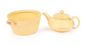 WEDGWOOD "Caneware" antique English pottery miniature teapot and sugar basin (missing lid) with engine turned decoration, circa 1840, impressed "WEDGWOOD", the teapot 7cm high, 14cm wide