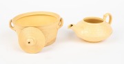 WEDGWOOD "Caneware" antique English pottery miniature teapot and sugar basin (missing lid) with engine turned decoration, circa 1840, impressed "WEDGWOOD", the teapot 7cm high, 14cm wide - 2