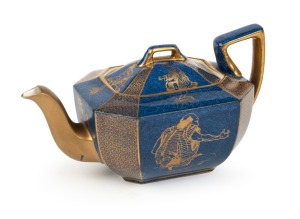 WEDGWOOD blue lustre ware teapot with gilt highlights adorned with Oriental figures, circa 1920s, factory mark to base "WEDGWOOD, ENGLAND" with amphora mark, additional retailer's mark "Manufactured for James Powell & Sons...", 9.5cm high, 17.5cm wide