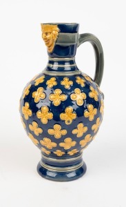 MINTON blue and yellow majolica antique English jug with face mask spout, 19th century, impressed "MINTON", 24.5cm high