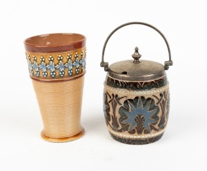 DOULTON LAMBETH antique English pottery honey pot with silver plated top by GEORGINA WHITE, circa 1880; together with a DOULTON LAMBETH pottery beaker, 19th century, factory mark to bases, the beaker 13cm high