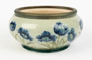 MACINTYRE MOORCROFT antique English celadon glazed pottery fruit bowl with corn flower decoration, 19th/20th century, stamped "MACINTYRE BURSLEM, ENGLAND" with green underglaze initials "W. M.", 13cm high, 25cm wide