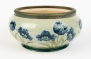 MACINTYRE&nbsp;MOORCROFT antique English celadon glazed pottery fruit bowl with corn flower decoration, 19th/20th century, stamped "MACINTYRE BURSLEM, ENGLAND" with green underglaze&nbsp;initials "W. M.", 13cm high, 25cm wide