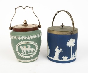 WEDGWOOD two antique English dark blue and sage green Jasper Ware pottery biscuit barrels with silver plated mounts, 19th/20th century, the larger 23cm high including handle
