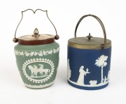 WEDGWOOD two antique English dark blue and sage green Jasper Ware pottery biscuit barrels with silver plated mounts, 19th/20th century, the larger 23cm high including handle
