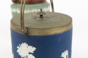 WEDGWOOD two antique English dark blue and sage green Jasper Ware pottery biscuit barrels with silver plated mounts, 19th/20th century, the larger 23cm high including handle - 2