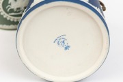 WEDGWOOD two antique English dark blue and sage green Jasper Ware pottery biscuit barrels with silver plated mounts, 19th/20th century, the larger 23cm high including handle - 3