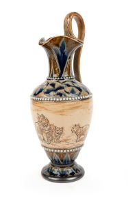 DOULTON LAMBETH pottery ewer with sgraffito cat decoration by HANNAH BARLOW, circa 1881, impressed factory mark and artist's monogram to base, 28cm high