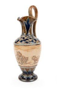 DOULTON LAMBETH pottery ewer with sgraffito cat decoration by HANNAH BARLOW, circa 1881, impressed factory mark and artist's monogram to base, 28cm high