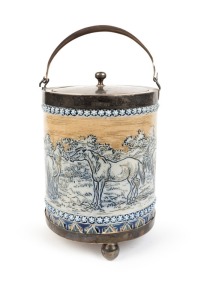 DOULTON LAMBETH antique English pottery biscuit barrel mounted in silver plate, adorned with detailed sgraffito decoration with horses and cattle in landscape by HANNAH BARLOW, 19th century, artist's monogram in design and to base, other marks obscured, 24cm high including handle