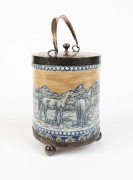 DOULTON LAMBETH&nbsp;antique English pottery biscuit barrel mounted in silver plate, adorned with detailed sgraffito&nbsp;decoration with horses and cattle in landscape&nbsp;by HANNAH BARLOW,&nbsp;19th century, artist's&nbsp;monogram in design and to base, other marks obscured, 2 - 2