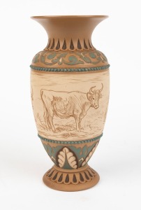 DOULTON LAMBETH pottery vase adorned with sgraffito cattle decoration by FLORENCE & HANNAH BARLOW, 19th century, impressed factory mark and artists' monograms to base, 19.5cm high