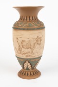 DOULTON LAMBETH&nbsp;pottery vase&nbsp;adorned with&nbsp;sgraffito&nbsp;cattle&nbsp;decoration&nbsp;by FLORENCE & HANNAH BARLOW,&nbsp;19th century, impressed factory mark and artists' monograms to base, 19.5cm high&nbsp;