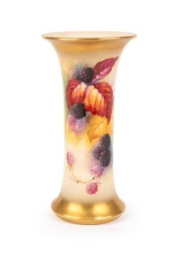 ROYAL WORCESTER antique English porcelain vase with hand-painted berries and blossoms decoration, signed "K. BLAKE", circa 1930, puce factory mark to base, 15.5cm high