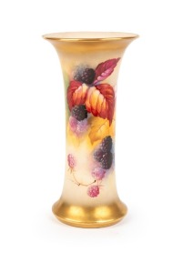 ROYAL WORCESTER antique English porcelain vase with hand-painted berries and blossoms decoration, signed "K. BLAKE", circa 1930, puce factory mark to base, 15.5cm high