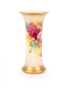 ROYAL WORCESTER English porcelain vase with hand-painted rose decoration, signed "M. HUNT", circa 1950, black factory mark to base, 15cm high