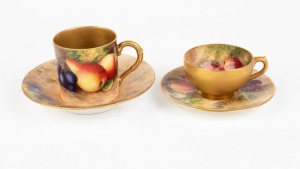 ROYAL WORCESTER two English porcelain cup and saucer sets with hand-painted fruit decoration, signed "W. H. AUSTIN" and "RICKETTS", (4 items), puce factory mark to bases, the larger saucer 11cm diameter