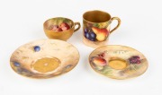 ROYAL WORCESTER two English porcelain cup and saucer sets with hand-painted fruit decoration, signed "W. H. AUSTIN" and "RICKETTS", (4 items), puce factory mark to bases, the larger saucer 11cm diameter - 2