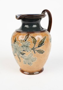 DOULTON LAMBETH pottery jug with floral decoration by FLORENCE ROBERTS & EMILY PARTINGTON, 19th century, impressed factory mark and artists' monograms to base with additional "Art Union of London" impressed mark, 20cm high