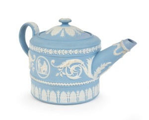 WEDGWOOD antique English blue Jasper Ware pottery teapot decorated with classical vignettes and acanthus foliate decoration, circa 1830, impressed "WEDGWOOD", 10cm high, 17cm wide
