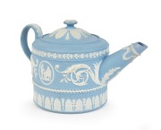 WEDGWOOD antique English blue Jasper Ware pottery&nbsp;teapot decorated with classical vignettes and acanthus foliate decoration, circa 1830, impressed "WEDGWOOD", 10cm high, 17cm wide