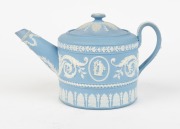 WEDGWOOD antique English blue Jasper Ware pottery&nbsp;teapot decorated with classical vignettes and acanthus foliate decoration, circa 1830, impressed "WEDGWOOD", 10cm high, 17cm wide - 2