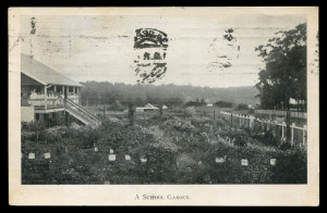 QUEENSLAND - Postal Stationery : POSTAL CARDS (VIEWS) - OFFICIAL: 1912 Four Corners 1d red Advice Card for Department of Public Instruction, black & white view 'A School Garden'; BRISBANE '31JUL14' machine cancel. This is one of the 4 known views recorded