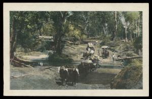 QUEENSLAND - Postal Stationery: POSTAL CARDS (VIEWS): 1910 Four Corners View Card Proof with uncaptioned colour image of 'Hauling Timber, Neurum Creek, South Queensland', 'A.J. CUMMING. GOVT PRINTER' imprint along the dividing line; also the issued card w