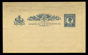 QUEENSLAND - Postal Stationery : LETTER CARDS: 1895 2d Card Perf 12 in blue/pale yellow being a Proof for Colour with four address lines, endorsed ЂњProof for colour of card 1895Ђќ in pencil. Only known such proof. Ex R.A. Butler