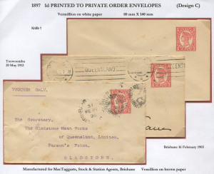 QUEENSLAND - Postal Stationery : ENVELOPES - PTPO: (H&G #4a) 1d Four Corner Figures in vermilion on cream paper stock for unknown user, unused and used (2) comprising 1905 (Feb.16) Brisbane to Gladstone endorsed 'VOUCHER ONLY' (few age spots), and 1912 (M