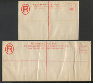 QUEENSLAND - Postal Stationery : REGISTRATION ENVELOPES - FORMULAR: 1891 New Design Formular Registration Envelopes, McCorquodale Sizes G (153mm x 98mm) and H2 (224mm x 100mm), unused. (2)