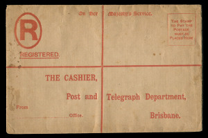 QUEENSLAND - Postal Stationery : REGISTRATION ENVELOPES - FORMULAR: c.1912 Formular Registration Envelope for the Post and Telegraph Department, Brisbane, no imprint under flap, however a partially removed 6d kangaroo is mounted on the damaged flap. Most 