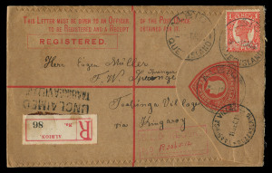 QUEENSLAND - Postal Stationery : REGISTRATION ENVELOPES: (H&G #2) 1909 KEVII 3d (in red) Size G Registration Envelopes in buff, with De La Rue imprints under the strongly curved flaps, comprising unused and used 1912 Albion to Taabinga Village via Kingaro