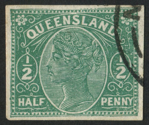 QUEENSLAND - Postal Stationery : WRAPPERS: (H&G #1) ½d Lined Background imperforate stamp indicia on white, watermarked paper, Specimen CTO cancel.