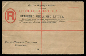 QUEENSLAND - Postal Stationery : REGISTRATION ENVELOPES - FORMULAR, OFFICIAL: c.1890 'RETURNED UNCLAIMED LETTER' OHMS unstamped Envelopes with 3-line "The Post and Telegraph Act" inscription, on brown linen-lined stock, unused and used at Brisbane in 1903