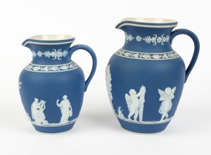 LEAR graduated pair of antique English blue Jasper Ware pottery jugs, 19th century, impressed "LEAR", the larger 19.5cm high